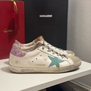 Golden Goose White Sneakers with Pink Glitter and Blue Star